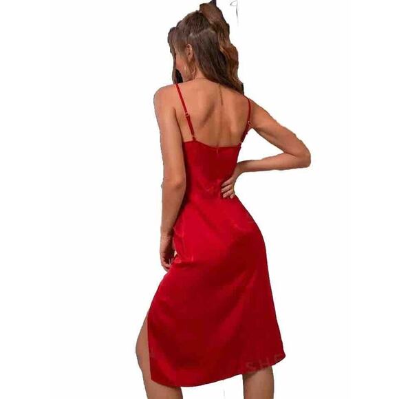 D&M Red Sexy Spaghetti Strap Drape Neck Front Slit Back Zip Satin Dress Small - Picture 2 of 10